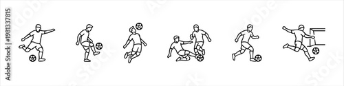 Soccer player icons set featuring various football actions like kicking, heading, tackling and scoring. Minimalist line art vector illustrations for sports concepts and designs.