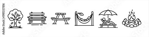 Minimalist Line Art Icon Set Featuring Outdoor Recreation, Park Amenities, Camping Activities, Nature, and Leisure Symbols