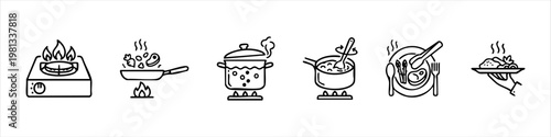 Cooking process line icon set featuring steps for food preparation including stove burner, frying, boiling, stirring, plating, and serving a meal.