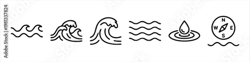 Set of Minimal Ocean Wave and Nautical Compass Vector Icons - Linear Water Drops and Sea Movement Symbols