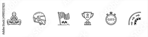 Go-kart Racing Line Icon Set: Driver, Helmet, Checkered Flag, Winner Trophy, Stopwatch and Race Track Elements