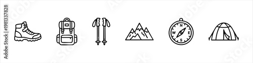 Hiking and Camping Icon Set featuring Outline Icons of Boot, Backpack, Trekking Poles, Mountains, Compass, and Tent for Outdoor Adventure Design