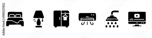 Set of minimalist black hotel and room amenities icons featuring a bed, table lamp, wardrobe, air conditioner, shower head, and television.