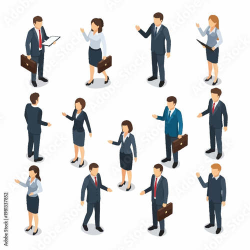 Diverse Business Professionals Posing in Isometric Style.