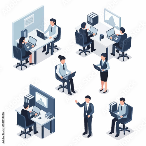 Diverse team of professionals working together in modern office setting.