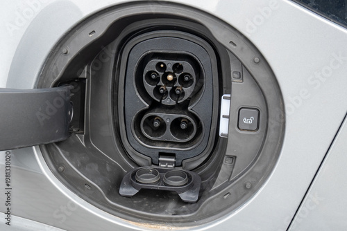 Close-up of Electric Vehicle Combined Charging System CCS Type 2 Port