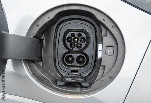 Close-up of Electric Vehicle Combined Charging System CCS Type 2 Inlet Port