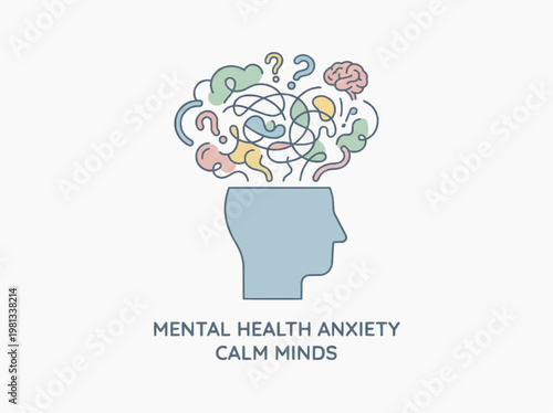 Mental health anxiety vector illustration with abstract human mind tangled thoughts, burnout psychology concept, stress awareness, emotional overload, minimal pastel editorial style, therapy mental we