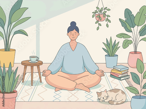Self care mental health vector illustration with calm lifestyle meditation scene, mindfulness wellbeing concept, cozy home relaxation, emotional balance pastel minimal editorial illustration