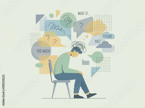 Overthinking anxiety mental health vector illustration with person surrounded by thoughts, stress concept, emotional overload psychology, minimal pastel editorial mental wellbeing illustration