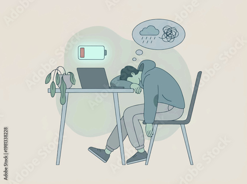 Digital burnout mental health vector illustration with overwhelmed person notifications, technology stress concept, remote work anxiety, minimal pastel editorial psychology illustration
