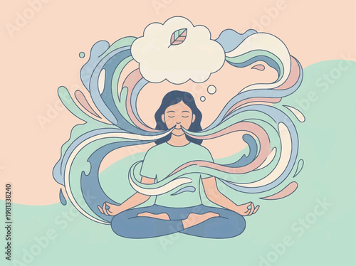 Mindfulness breathing mental health vector illustration calm lifestyle relaxation concept, anxiety relief meditation, pastel minimal editorial psychology wellbeing illustration