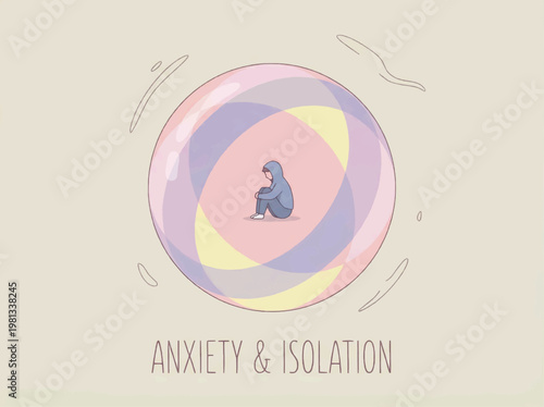 Anxiety isolation mental health vector illustration lonely person abstract space, emotional stress concept, pastel minimal editorial psychology wellbeing illustration