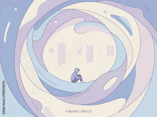 Anxiety isolation mental health vector illustration lonely person abstract space, emotional stress concept, pastel minimal editorial psychology wellbeing illustration