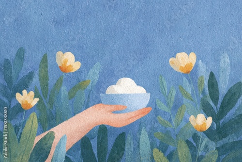 A hand holding a bowl of eggs in front of a field of yellow tulips. the hand is surrounded by lush green leaves and stems and the background is a deep blue.
