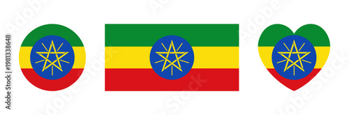 National flag of Ethiopia heart, circle, rectangle badge, symbol, banner. Ethiopia flag round, heart, rectangular icon, sticker. Ethiopia flag button, sign.