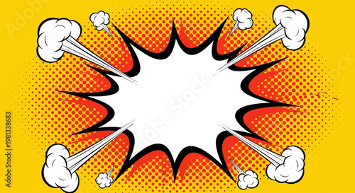 A comic book-style explosion with orange and yellow hues bursts outward with white clouds on a vibrant yellow background.