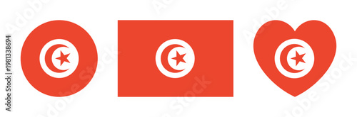 National Tunisian rectangle, circle flag icon, button. Tunisia flag round, rectangular, heart badge, sticker set. Republic of Tunisia flag banner.