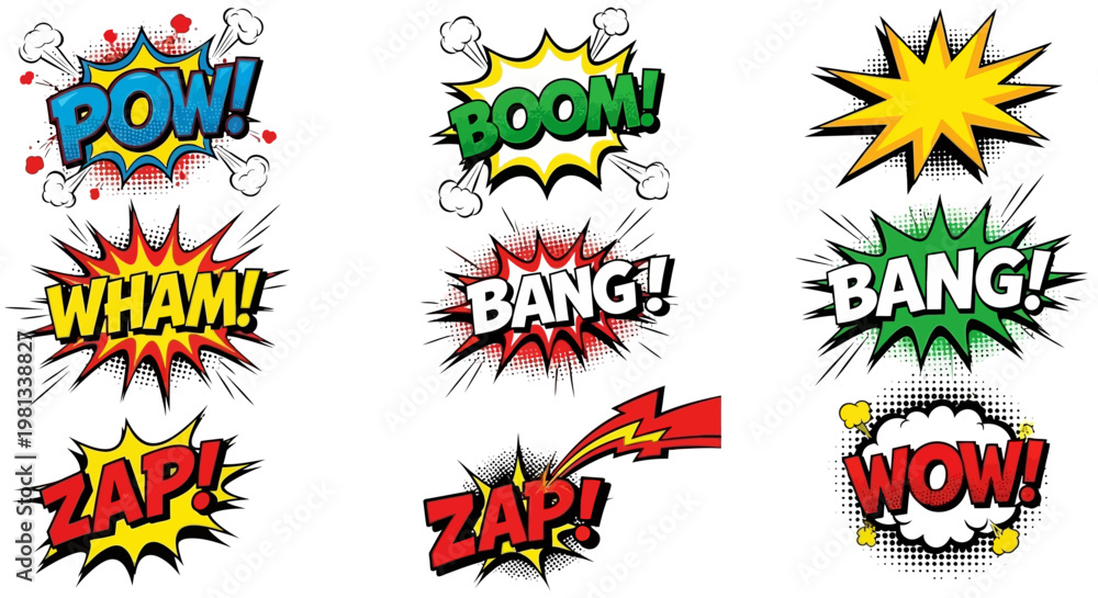 Obraz premium Comic book explosion sound effects appear in a vibrant digital illustration