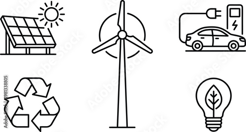 A collection of eco-friendly icons representing sustainable energy solutions