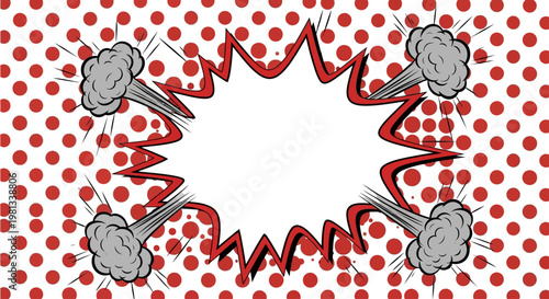 An explosion of red dots surrounds a burst of comic-style lines and grey clouds on a white background with dynamic movement.