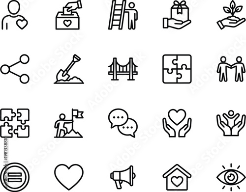 A collection of black and white line icons representing community and charity