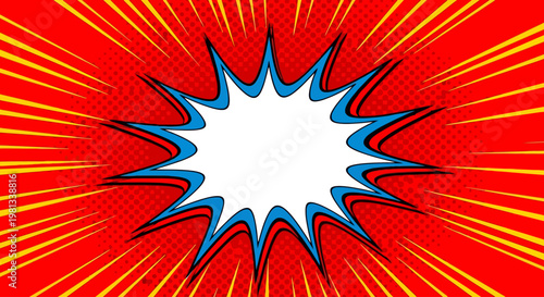 A comic book-style explosion of vibrant red and yellow lights bursts outward.