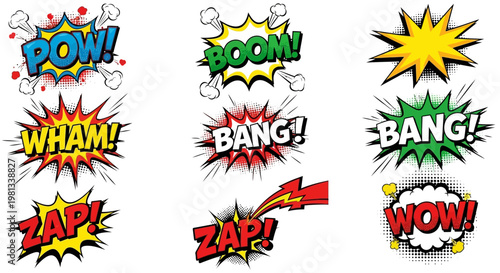 Comic book explosion sound effects appear in a vibrant digital illustration