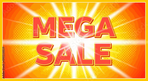 A vibrant orange sale sign with bright lights shines in a store.