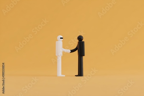 Two people shaking hands in front of a yellow background. the person on the left is wearing a white and black outfit while the person in the middle is wearing black and white clothing.