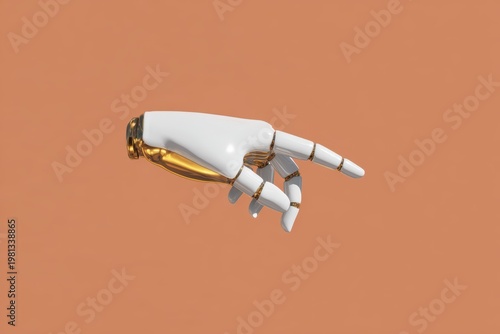 A white and gold robot hand on an orange background. the hand is animated with its fingers spread out and its thumb pointing out.