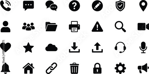 A collection of various black icons on a white background