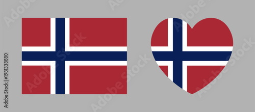 Norway flag heart shaped, rectangular sticker, badge set. Flag of Norway button, icon collection. National flag Norway banner in heart, rectangle shape.