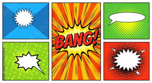 Comic book style speech bubbles with explosion and light effects