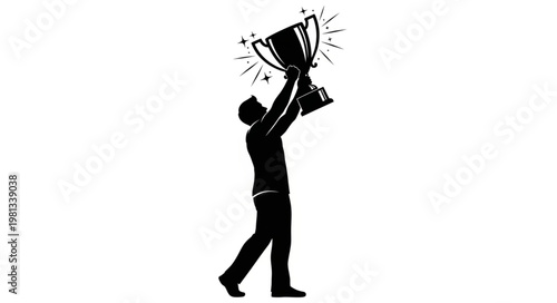 Silhouette of a person holding up a trophy celebrating victory.
