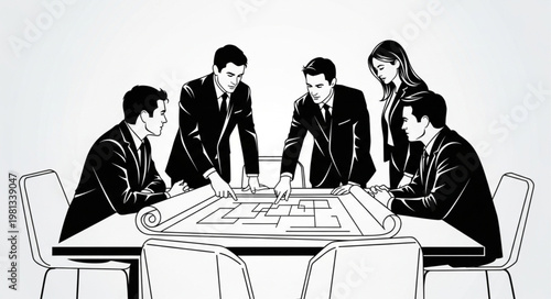 Business team collaborating around a table with blueprints.