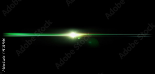 Green neon light flare streak with glowing energy effect on black background, futuristic laser overlay.