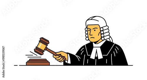 Judge in wig and robes holding gavel in courtroom.
