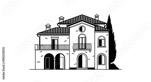 Elegant Italian Villa Architectural Drawing.