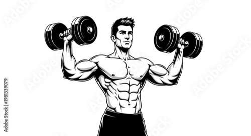 Muscular man lifting dumbbells for strength training workout.