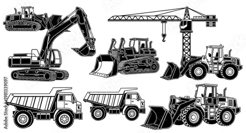 Collection of Heavy Construction Vehicles and Machinery.