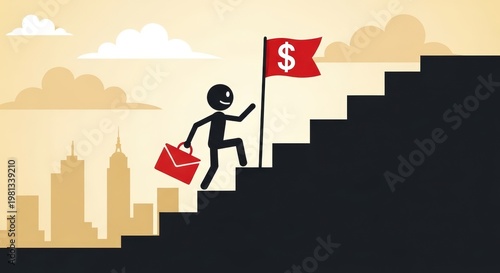 Businessman Climbing Stairs to Dollar Sign Flag with City Skyline Flat Illustration