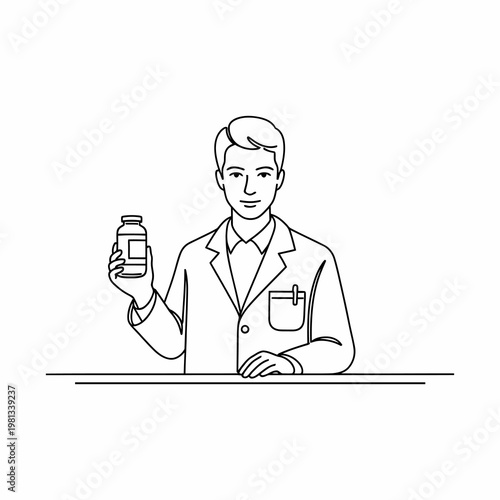 Minimalist line art of pharmacist holding medicine bottle at pharmacy counter