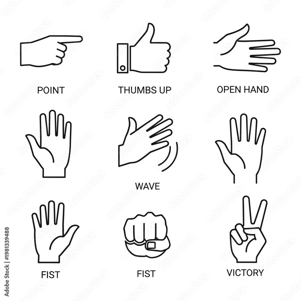 Obraz premium Labeled set of essential hand gesture icons for communication design
