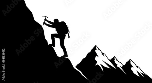 Silhouette of a climber ascending a steep mountain face with ice axe.