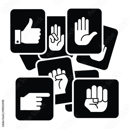 Professional set of hand gesture icons on dark squares for UI