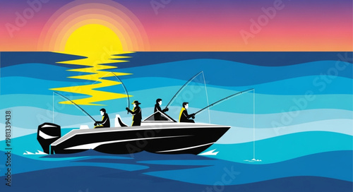 People fishing from a boat at sunset on the ocean.