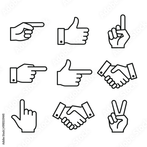Set of line style hand gestures and handshake icons for business apps