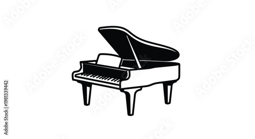 A striking black and white illustration depicts a grand piano showcasing its elegant shape and form