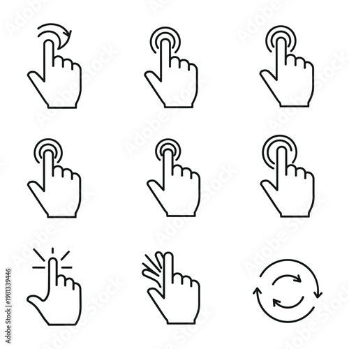 Diverse touch screen gesture line icons for mobile app development